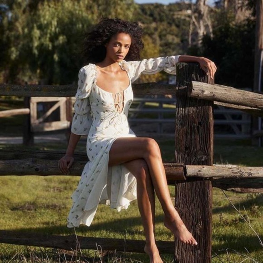 Boho Cream Floral print lace up midi Slit Dress - Picture 3 of 7